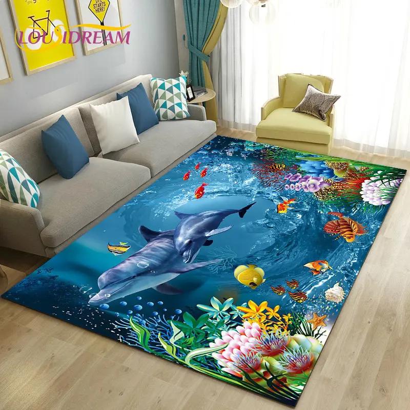 Seabed Illusion Underwater World  Dolphin Shark  Area Rug ,Carpet Rug for Living Room Bedroom Sofa Doormat Non-slip Floor Mat