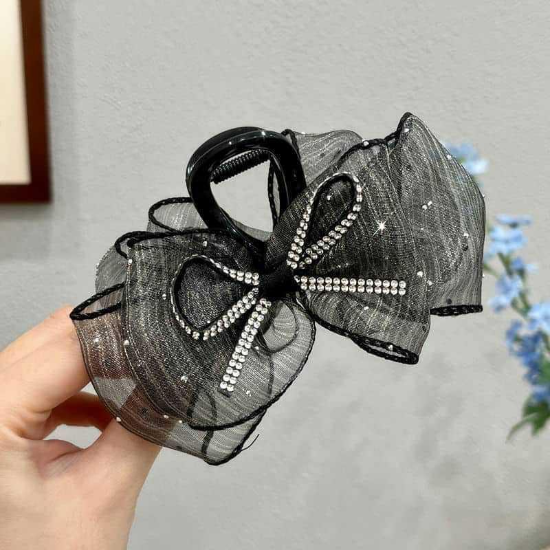 Elegant Mesh Bow Hair Clips Women Ponytail Claw Clip Sparkling Rhinestone Clips Hairpin Girls Headdress Hair Accessories Gifts