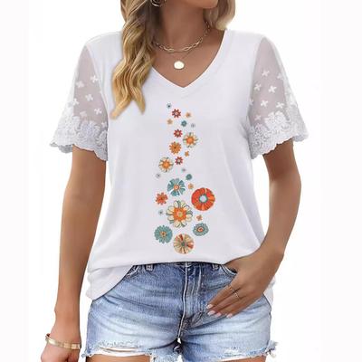 Stylish Plus Size Women's Summer Top: V-Neck Short Sleeve T-Shirt with Floral Print and Lace Sleeves