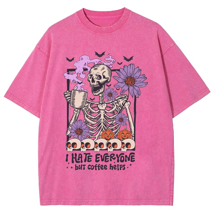 Skull Flower Print Women's T-Shirt Washed Fabric Cotton Loose Short Sleeve Street Fashion Top Cute Style Tee