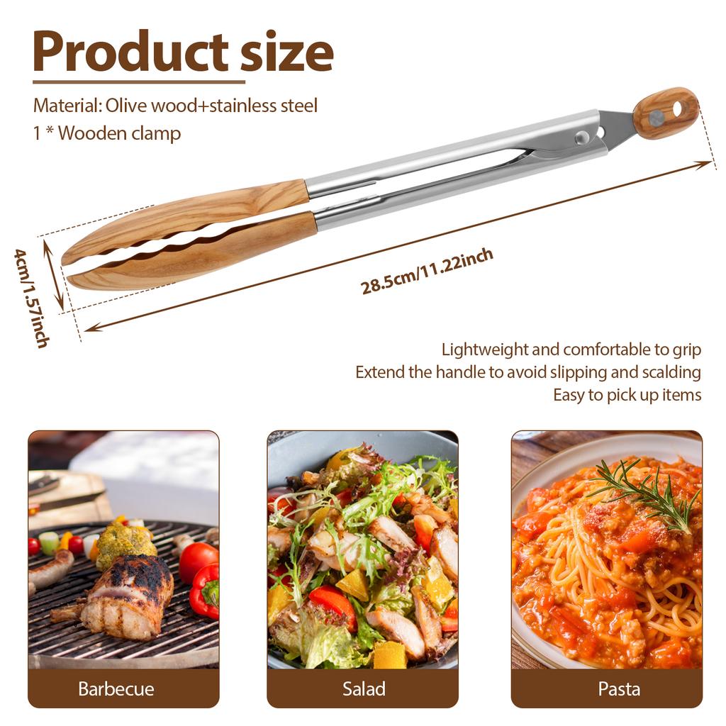 11 Inch Food Tongs Wood Cooking Tongs with Wood Tips and Stainless Steel Handle Locking Wood Tong for Cooking Serving Grilling