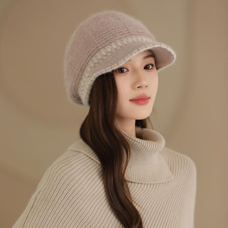 Female Winter Rabbit Fur Warm Fleece Mother Hat Middle-aged and Elderly Elegant Color Matching Knitted Wool Hat