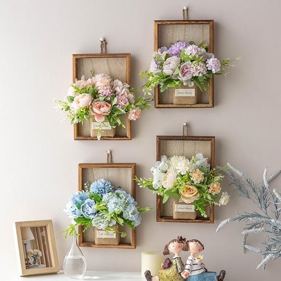 Kunstig Hortensia Vegghengsdekorasjon Falske Silkeblomster Planter Treramme Dekor Hjem Kontor Stue Soverom Veggkunst Ornament