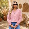 Women's Corduroy V-Neck Long Sleeve Button Front Blouse with Puff Sleeves, Ruffle Trim and Loose Fit