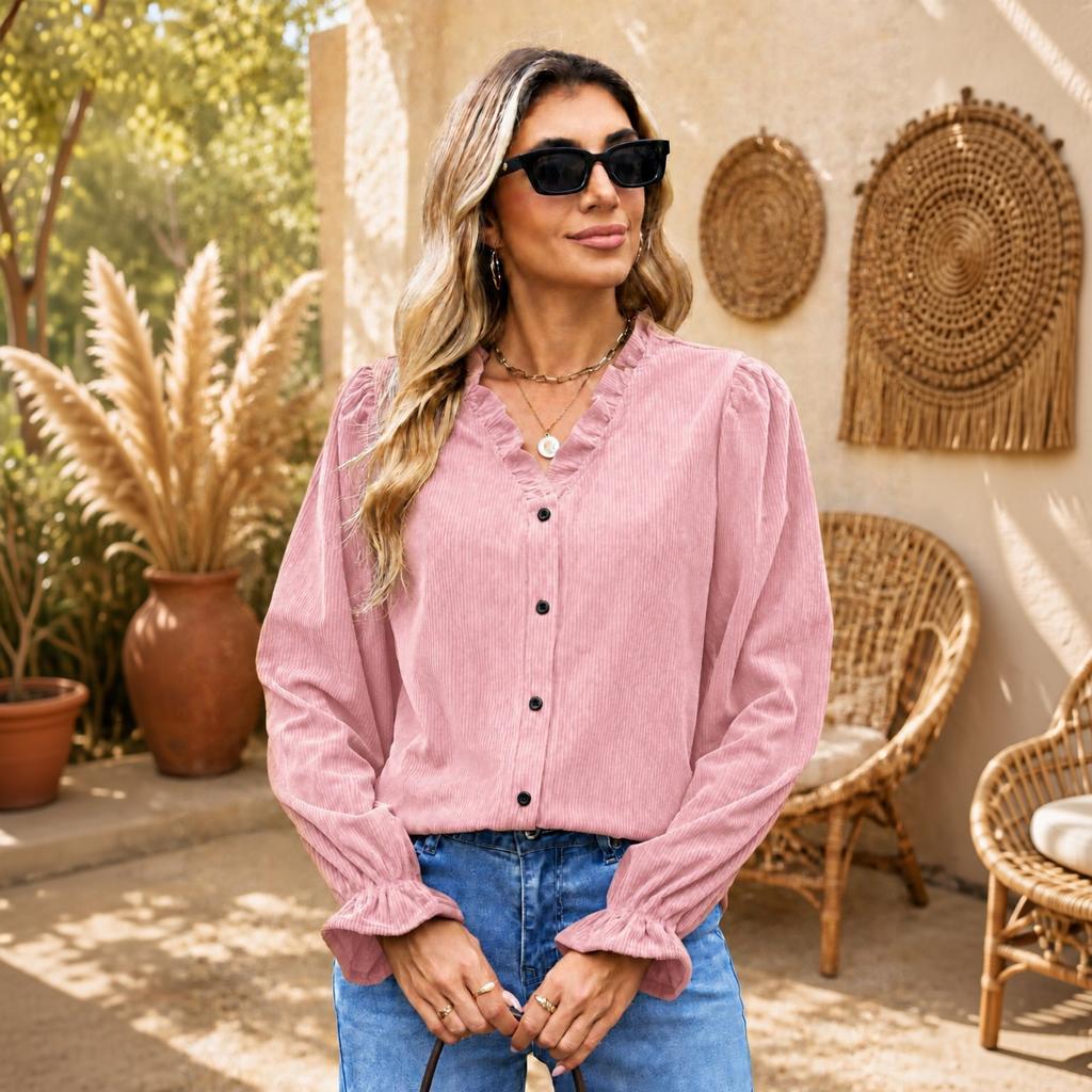 Women's Corduroy V-Neck Long Sleeve Button Front Blouse with Puff Sleeves, Ruffle Trim and Loose Fit