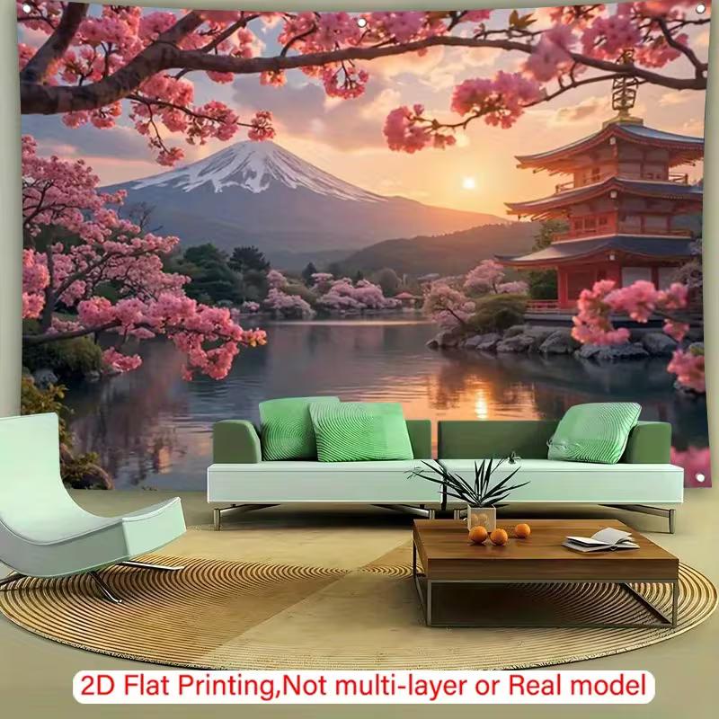 2D Asian Themed Backdrop, Mount Fuji & Red Pagoda with Blooming Sakura Banner