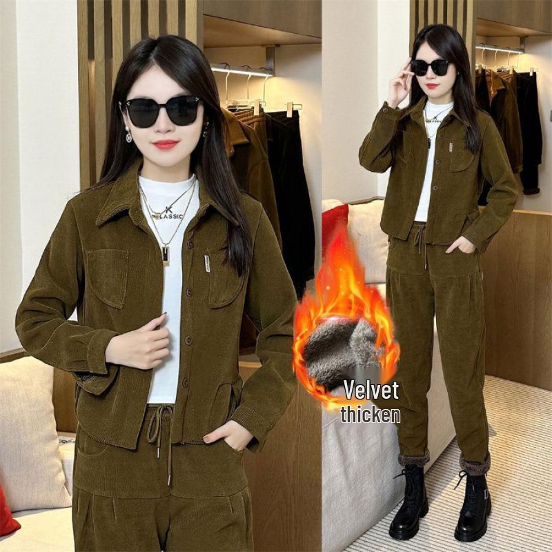 

Women s Plus Velvet Corduroy Suit - Autumn/Winter Fashionable Plus Size Loose-Fit Coffee Two-Piece Set L жёлтый/горчичный