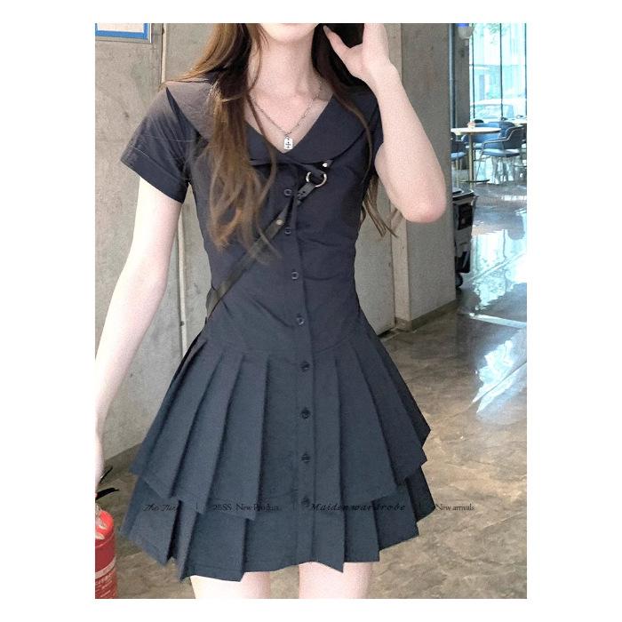 White navy blue waist shirt dress, thin summer short-sleeved versatile design, new women s dress S