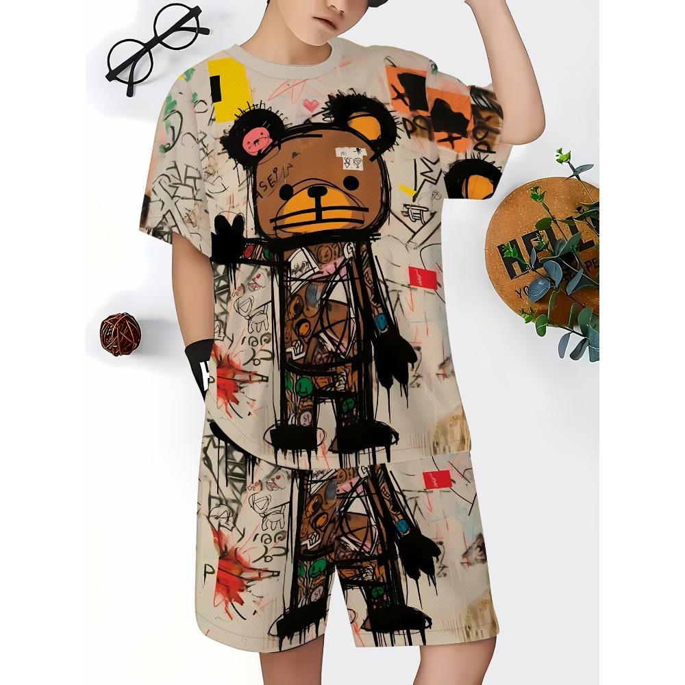 

Summer New Children s Set - Street Casual Roller Skating Fashion Comfortable Soft Breathable 3D Bear Pattern Print 130