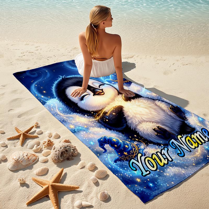 1PC Custom Name Penguin Dreams Stars Beach Towel Highly Absorbent And Sand-Resistant Towel for Swimming, Pool, Yoga, And Travel Lightweight