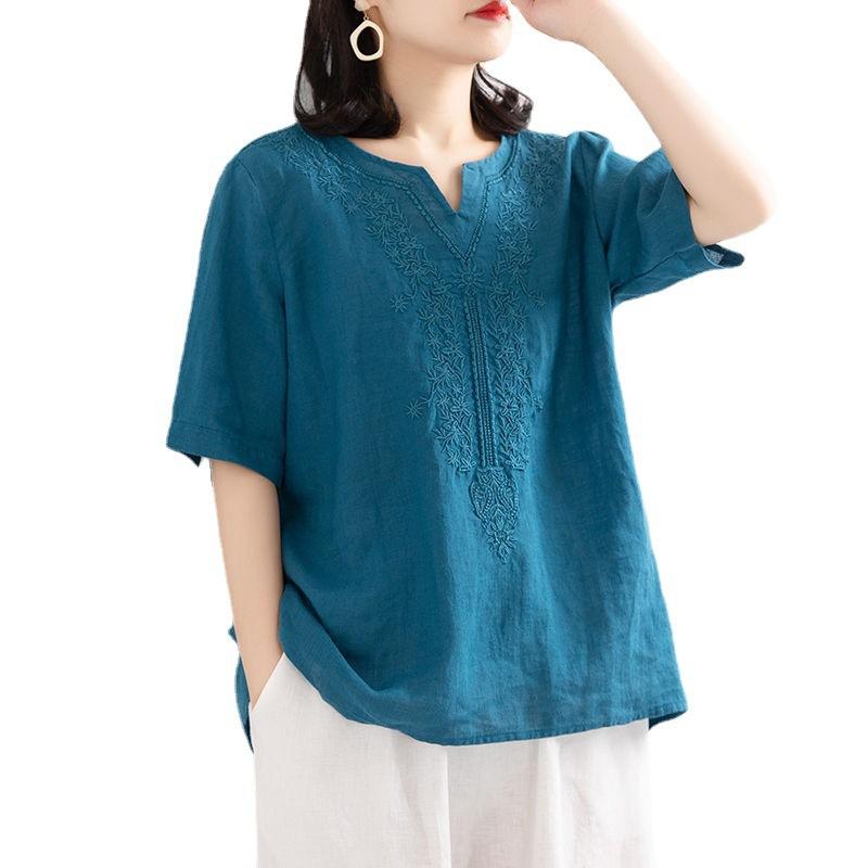 Bavlněná a lněná vyšívaná košile s výstřihem do V, jednobarevná, dámská umělecká volného střihu, pulovr, krátké vyšívané manžety, knoflíky, velká velikost, léto