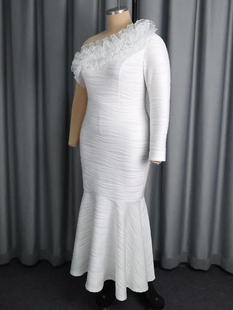 Plus Size White One Shoulder Mermaid Ruffle Evening Gown
