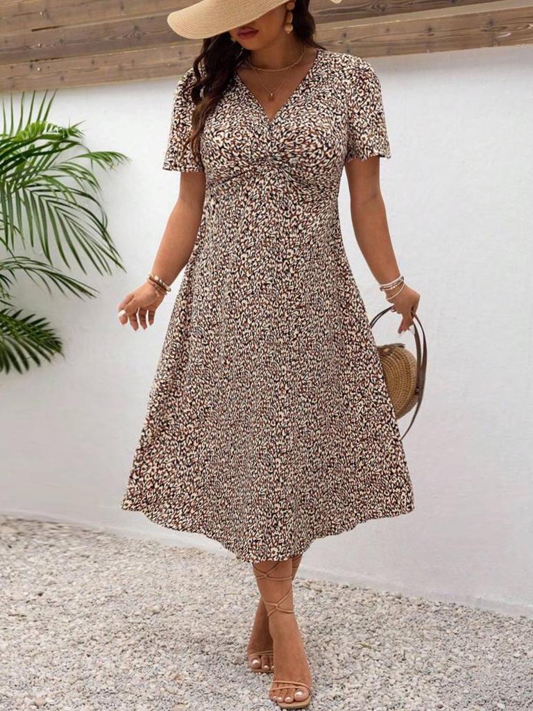 2025 European & American Summer Leopard Print Plus Size Women's Short Sleeve Dress