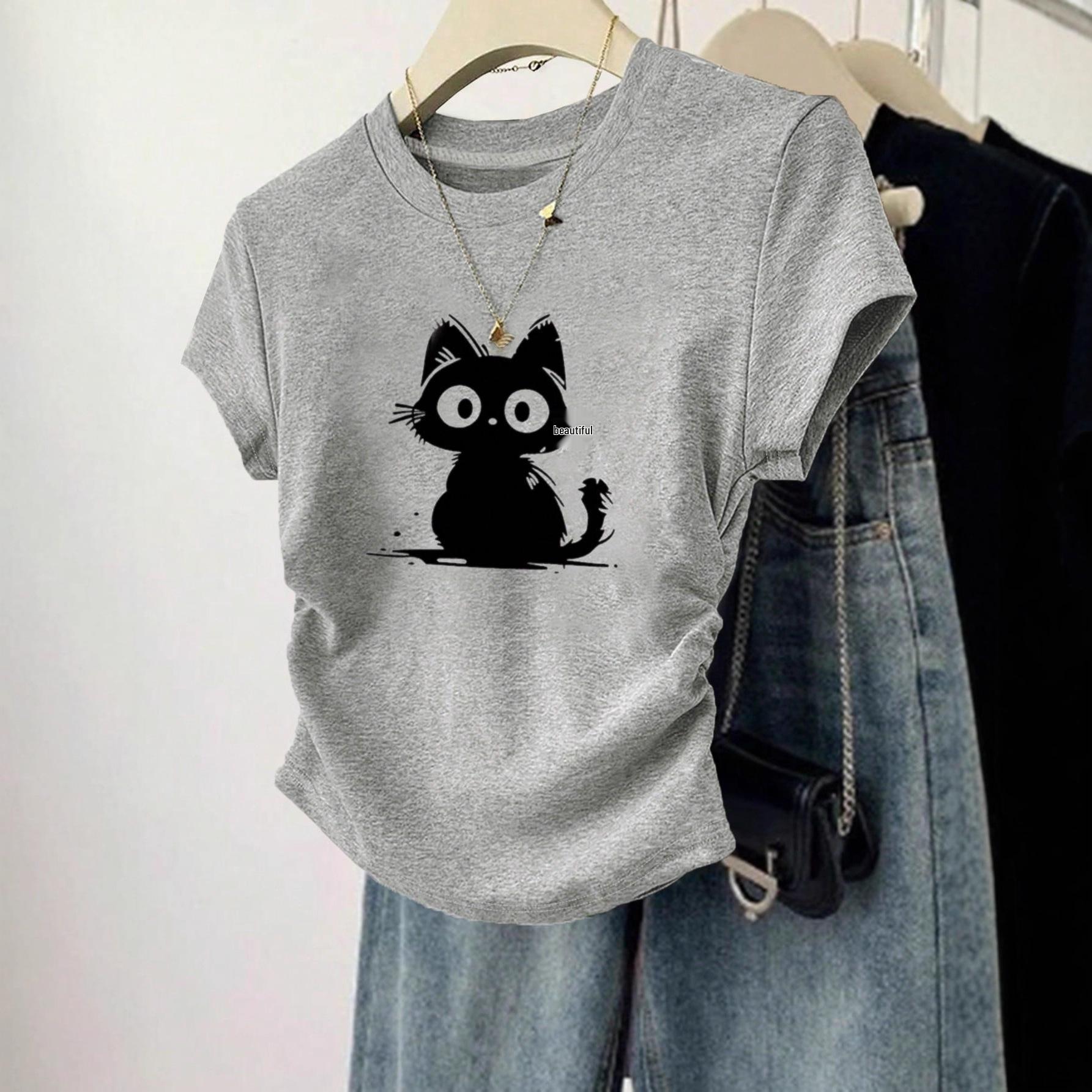 Cross-Border Sweet Style Cat Print Slimming Women s Short-Sleeve T-shirt XL