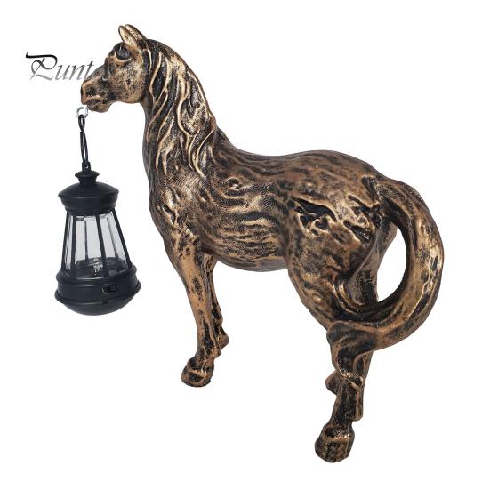 Patio Resin Decoration Solar Garden Horse Figurine Sculpture with Lantern Animal Desktop Retro Statue for Farmhouse Home Indoor Outdoor Decor Yard Art
