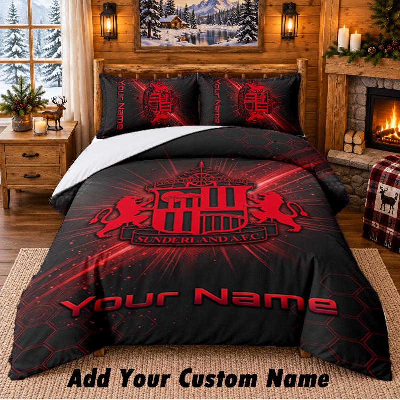 Sunderland FC Pattern Bedding 3Pcs Set Custom Name, Bed Sheet And Pillowcases For Home Bedroom
