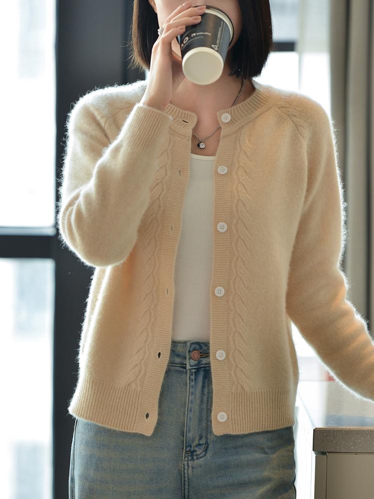 Женский кашемировый кардиган Qinghe Cashmere 30% кашемира 70% шерсти Осенний и зимний кашемировый кардиган Мягкий и теплый L бежевый