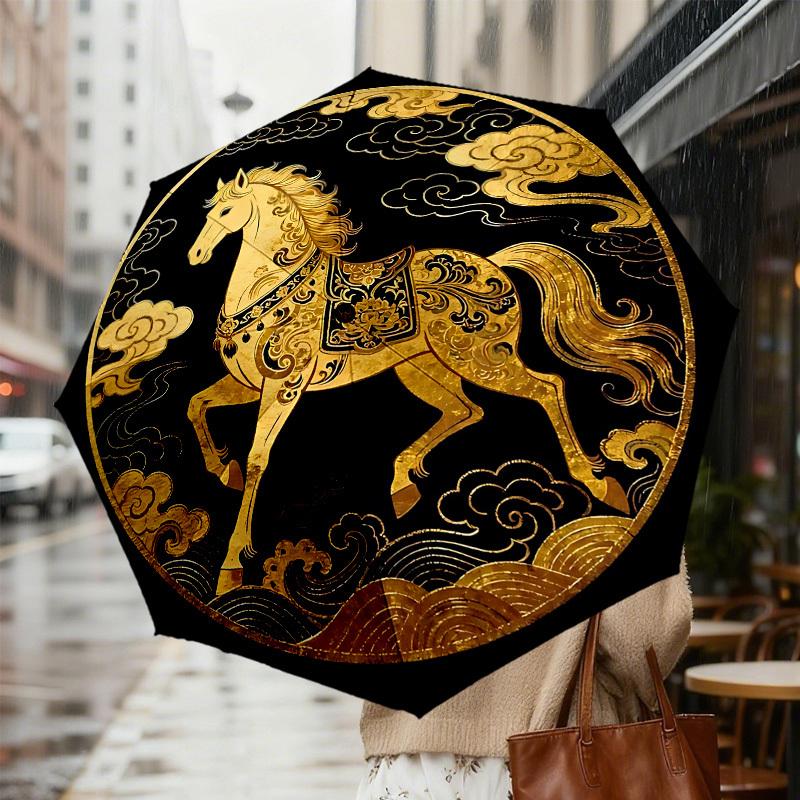 Golden Horse Clouds: Elegant Umbrella with Automatic Opening & Closing, Outdoor Travel Accessory, Perfect Gift 119