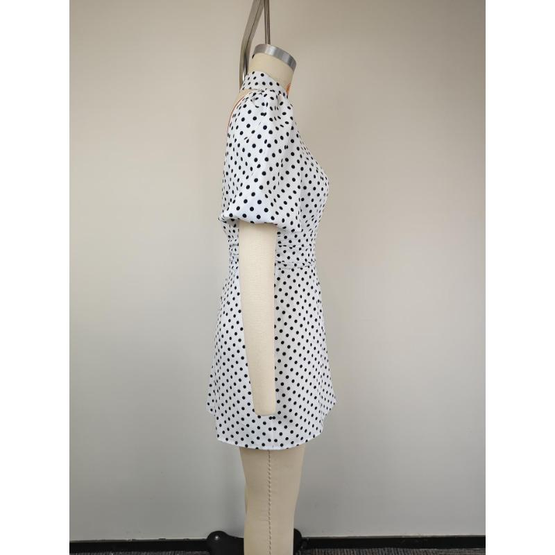 Vestito Mini Casual da Donna alla Moda a Pois con Intagli e Maniche a Sbuffa a Manica Corta con Collo Alto