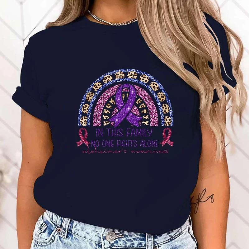 New Fashion In This Family No One Fights Alone Alzheimer's Awareness Print Graphic T Shirt Fashion Casual Short Sleeve Shirt Tee