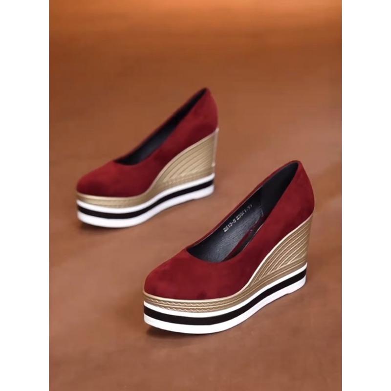 

High heels women s spring and summer new waterproof platform thick-soled wedge heel color matching suede light mouth single shoes 40 бордовый