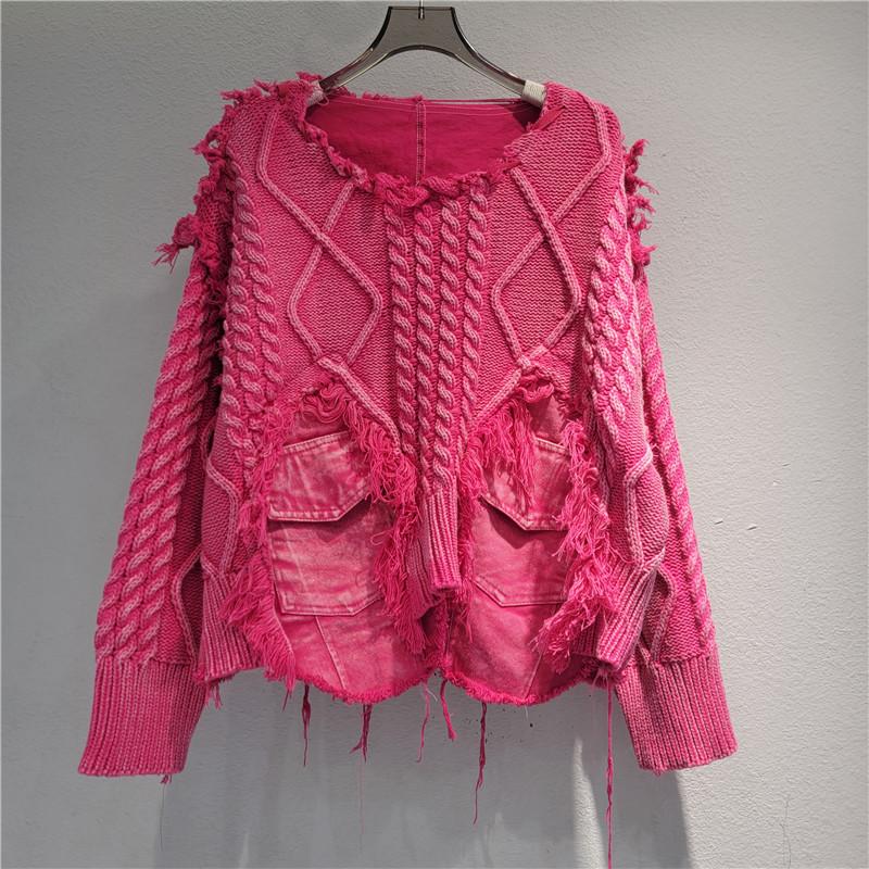 Women Irregular Do Old Pullover Patchwork Pockets Design Vintage Washed Denim Sweater
