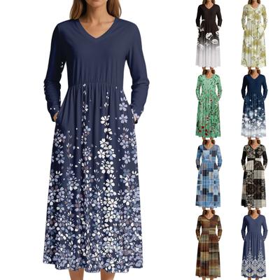 Dress For Women Long Boho Beach Dress Elegant Maxi Dress V-Neck Long Sleeve Dress With Pockets