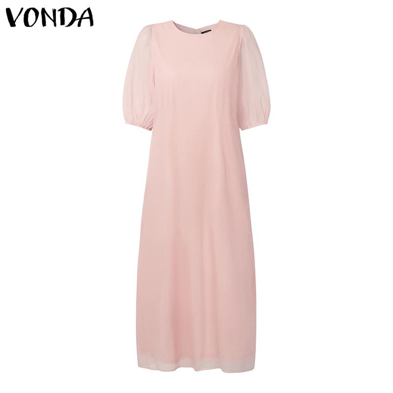 VONDA Damska Okrągły Dekolt Krótki Rękaw Jednolity Casualowa Długa Elegancka Sukienka