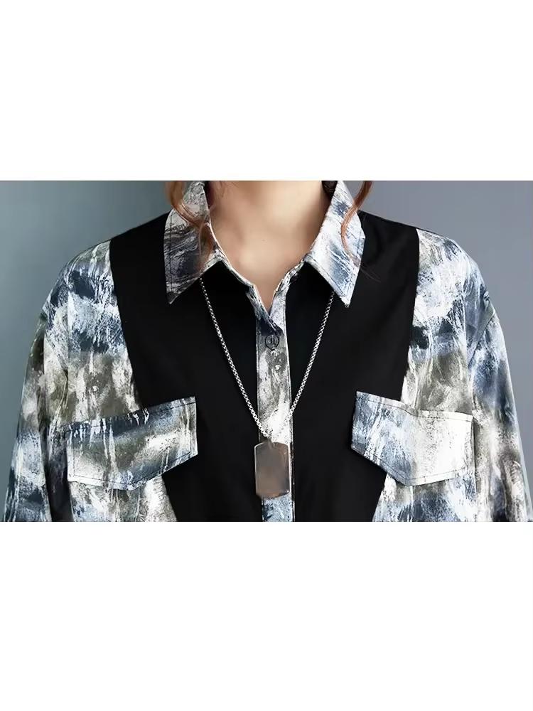 Xitao Volný potisk Patchwork Košile Šaty Ležérní Jednořadové se stahovací šňůrkou Ženy Podzim Nová Jednoduchost Temperamentní šaty DMJ4175