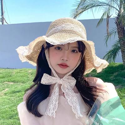 Summer Women Sun Hollow Out Straw Hat Wide Brim Beach Hat with Lace Tie Foldable Outdoor Vacation UV Protection Cap XKTYM03