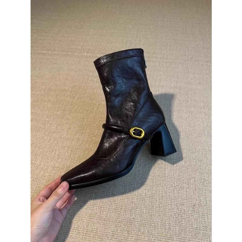 

Женские туфли на высоком каблуке, новинка осени, толстый каблук, молния сзади, ремешок с пряжкой, тонкие ботильоны, универсальные, для создания темперамента, не утомляют ноги, короткие ботинки 40 коричневый