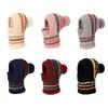 Women Hat with Long Scarf Full Face Guard Warm Knit Thermal Fleece Winter Ski Hat Patchwork Color Plush Ball Decor Cold Weather Headgear