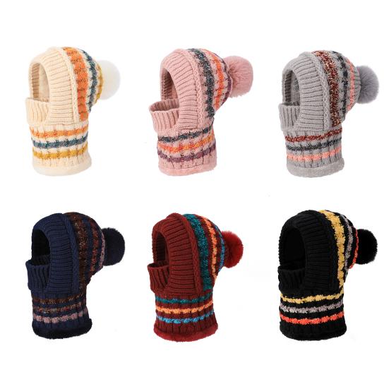 Women Hat with Long Scarf Full Face Guard Warm Knit Thermal Fleece Winter Ski Hat Patchwork Color Plush Ball Decor Cold Weather Headgear