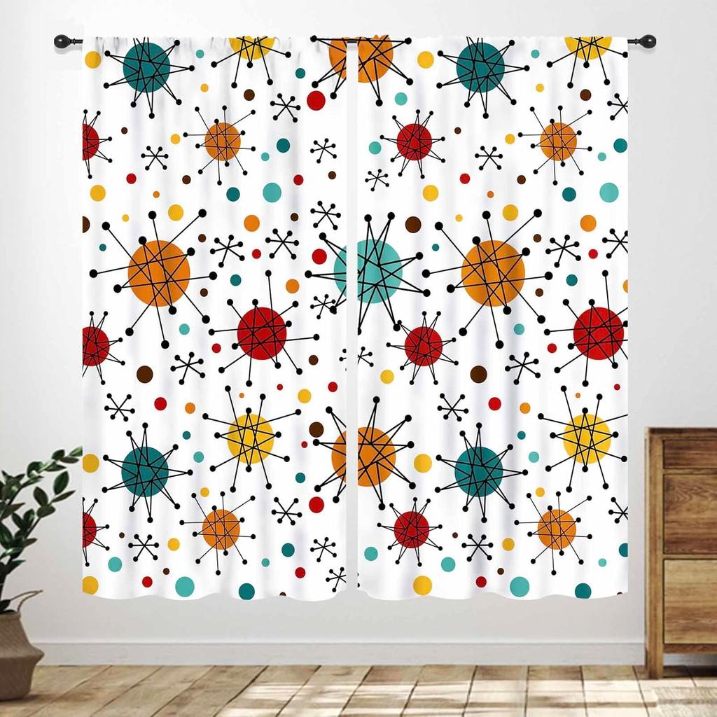 Mid Century Modern Curtains,Blue Orange Abstract Atomic Geometric Pattern Retro 1950S 1960S Style Window Treatments For Bedroom