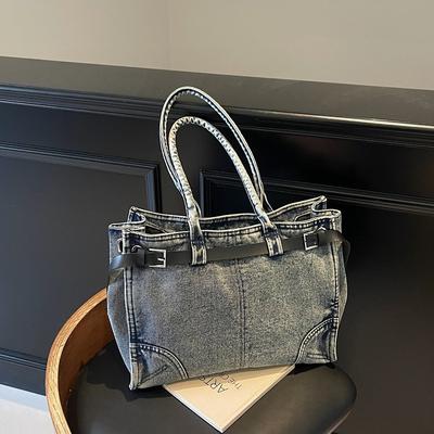 Sac à bandoulière simple pour femme, sac grand format aisselle en denim premium, texture rétro, design simple pour les déplacements