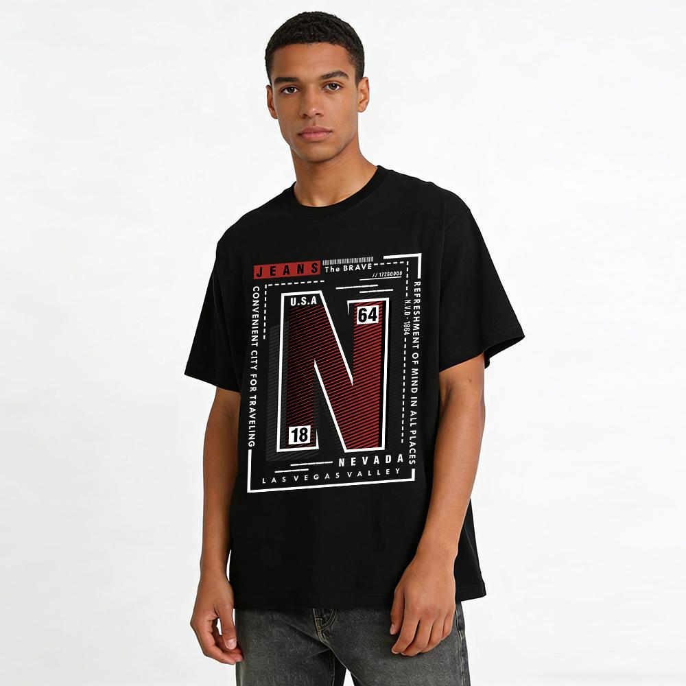 Vintage 1864 Letter N Print Casual Denim Style Unisex T-Shirt Pure Cotton T-shirt