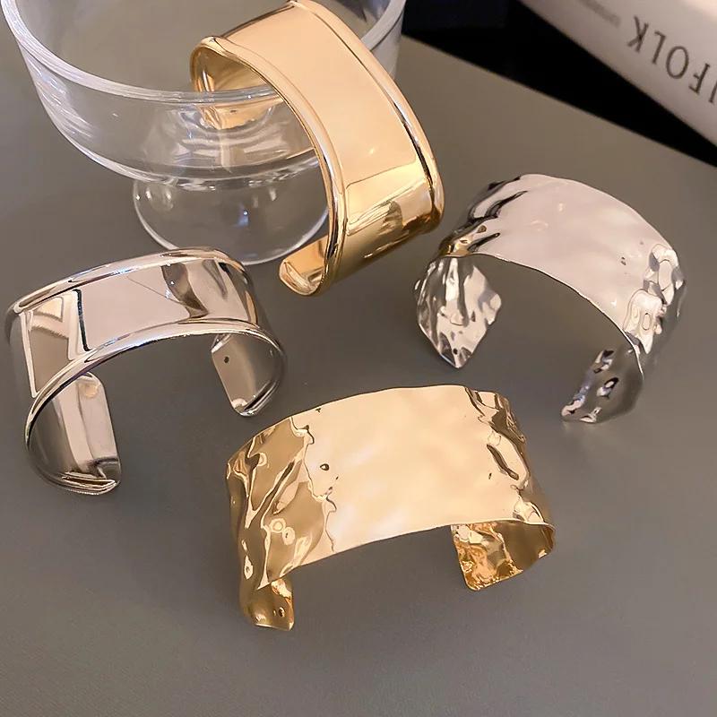 Personality Stainless Steel Irregular Glossy Liquid Metal Wide Opening Bangles Arm Ring for Women High Quality Designer Jewelry