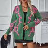 Women Loose Mid Length Embroidered Letter V Neck Button Knit Cardigan Sweater