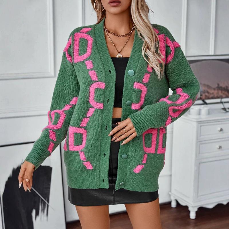 Women Loose Mid Length Embroidered Letter V Neck Button Knit Cardigan Sweater