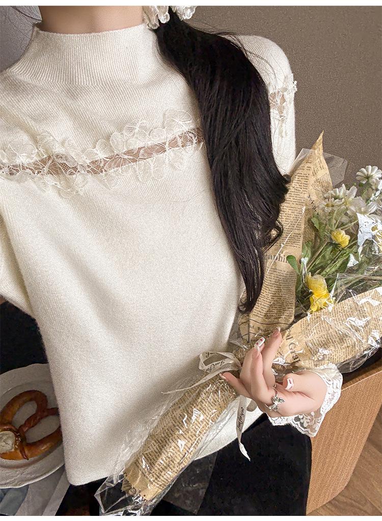 2026 Lace Trim Long Sleeve Korean Style Knit Sweater for Women: Autumn Winter Slightly Sexy Inner or Outer Wear