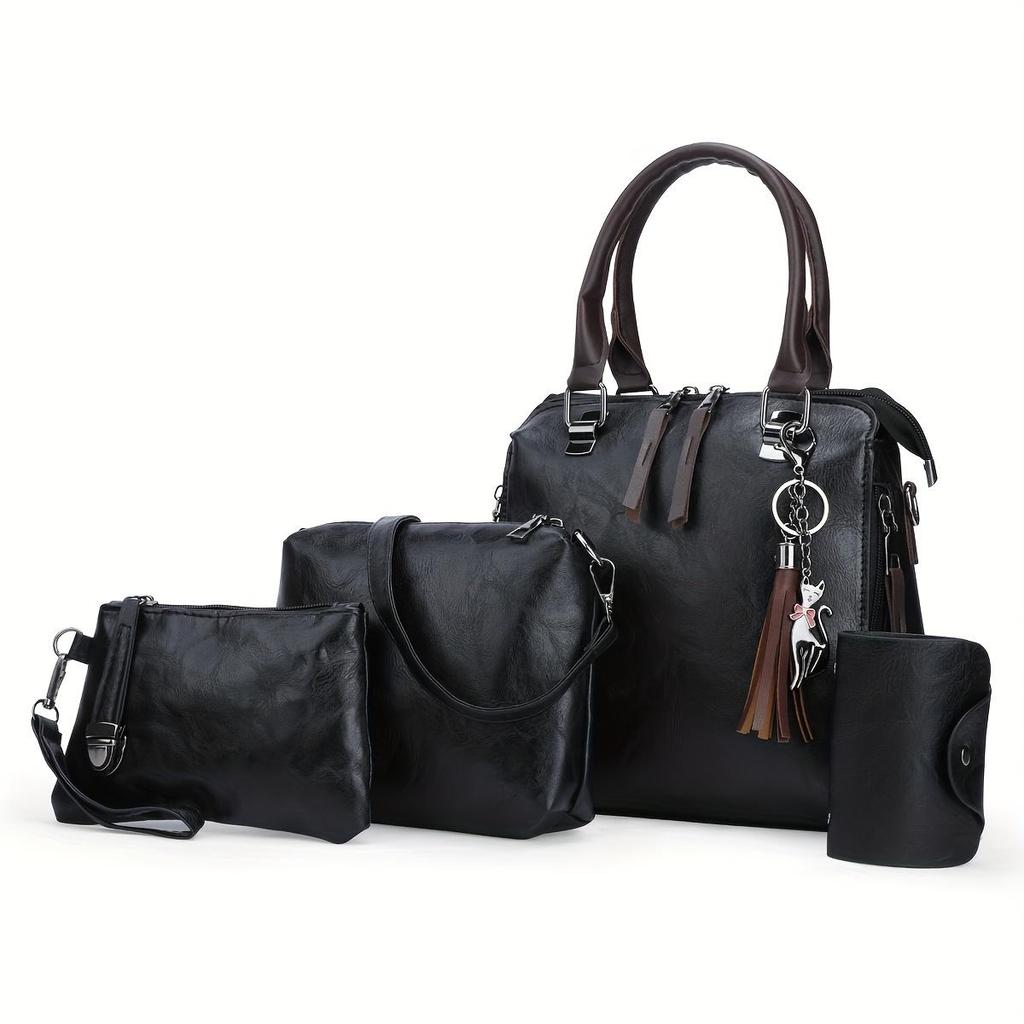 4 In 1 Retro Fashion Handbags Set For Women, Large-capacity Tote Shoulder Bag With Keychain Decor