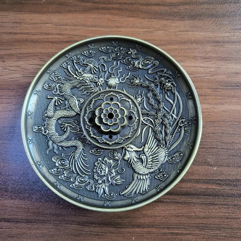 YXY 2 In 1 Metal Incense Burner Dragon and Phoenix Incense Sticks Holder Selectable Copper Gourd Coil Incense Base 10cm Ashtray