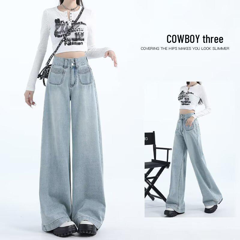 Toamnă 2025 Blugi de damă bleumarin închis cu picior larg, talie înaltă, cu efect de slăbire