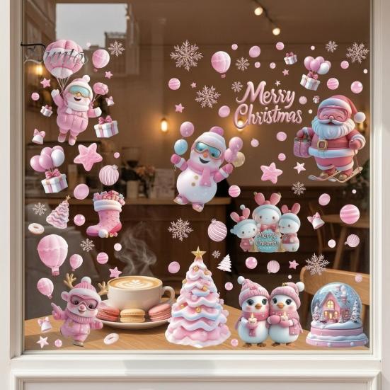 Christmas Window Clings 9Pcs Pink Static Clings, Santa Snowman Bunny Penguin Glass Bedroom Art Decals, Reusable Xmas Stickers, Holiday Decor for Home