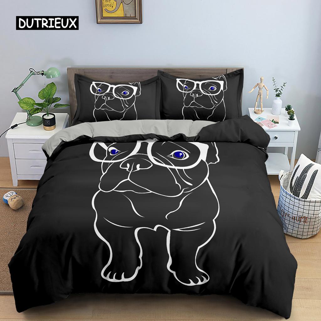 Søtt tegneserie mønster av bulldog Dynetrekksett King Full Size Sengetøyromdekor Mykt Mikrofiber Dyne-/Dundyne Trekk 2/3 stk