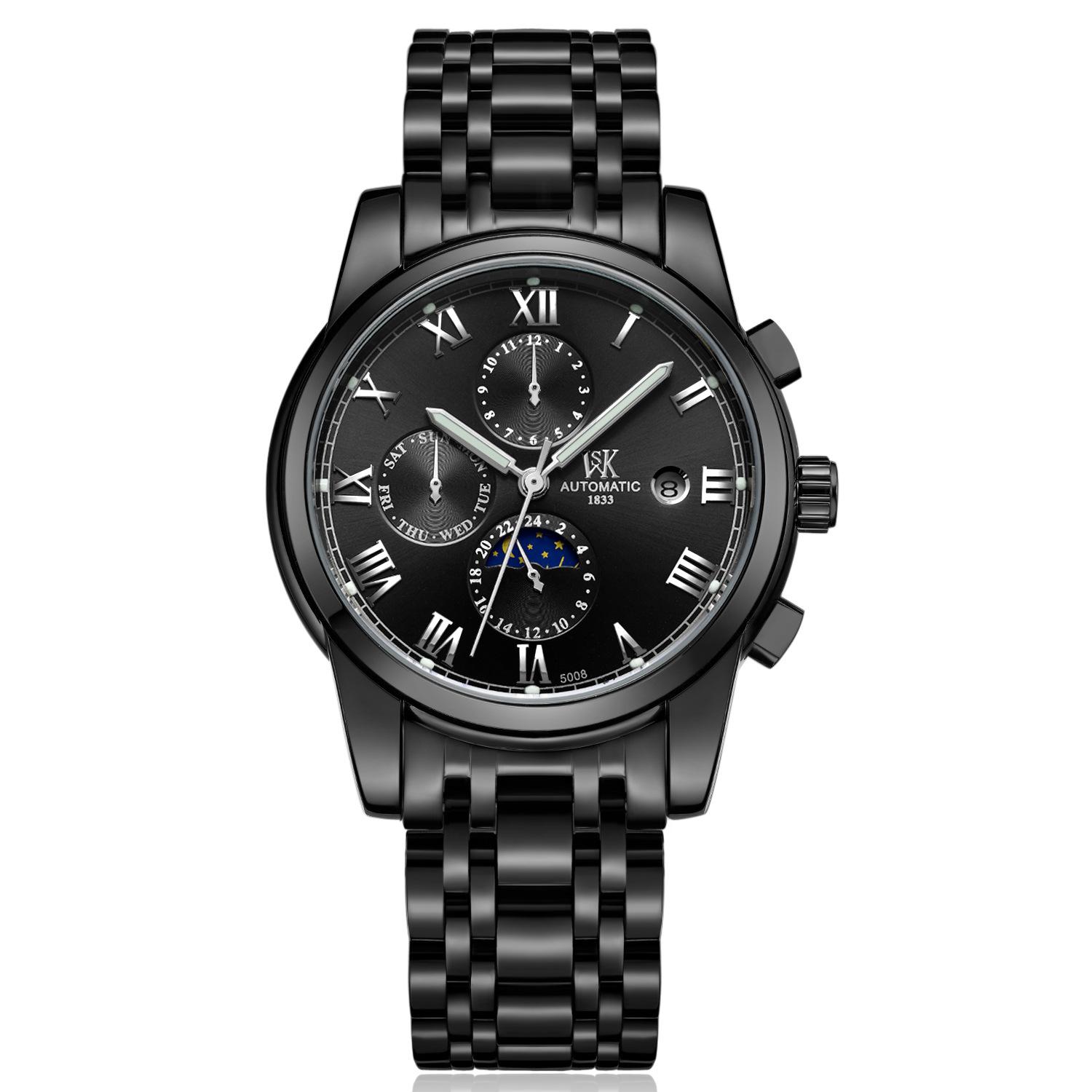 WEISIKAI 5008 Мужские часы Новые роскошные мужские часы высшего бренда с коробкой Водонепроницаемые светящиеся календари Автоматические мужские механические часы чёрный