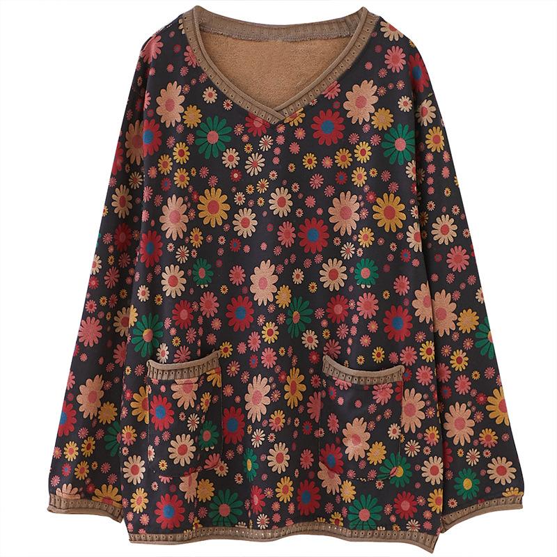 V Neck Loose Long Sleeve Knit T Shirts Tops Female Autumn Fashion Flowers Splices Pullover Tops Women Casual Outwear