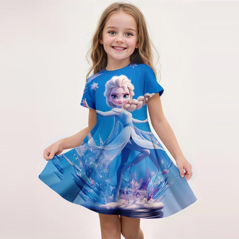 Disney Summer Hot Girl Short Sleeved Skirt Ice and Snow Romance Print 3D Printed Cartoon Pattern Elsa Princess Skirt