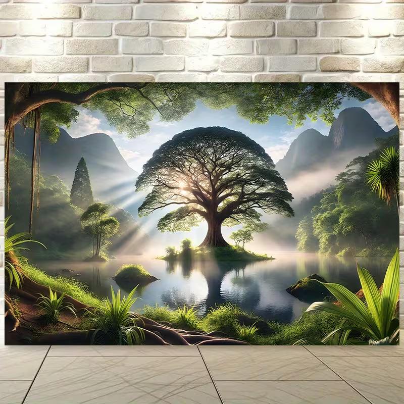 2D Mystical Tree Tapestry Sunrise Forest Scenery Backdrop Cloth 47.2x31.5inch/120*80cm