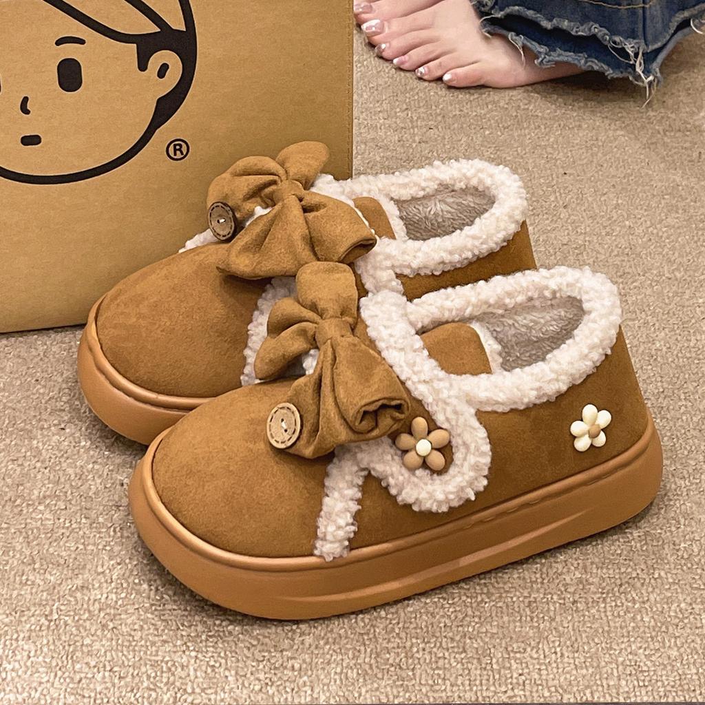 Fashion Winter Outerwear New Bow Bag Heel Women's Shoes with Velvet Warmth Simplicity Comfort Anti Slip Daily Casual Lazy Slippers